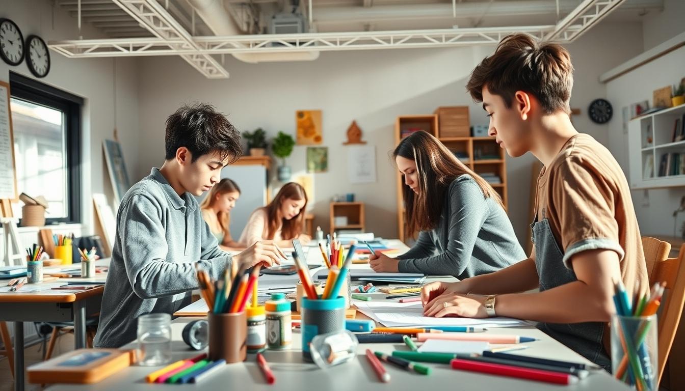 Students studying together in modern classroom